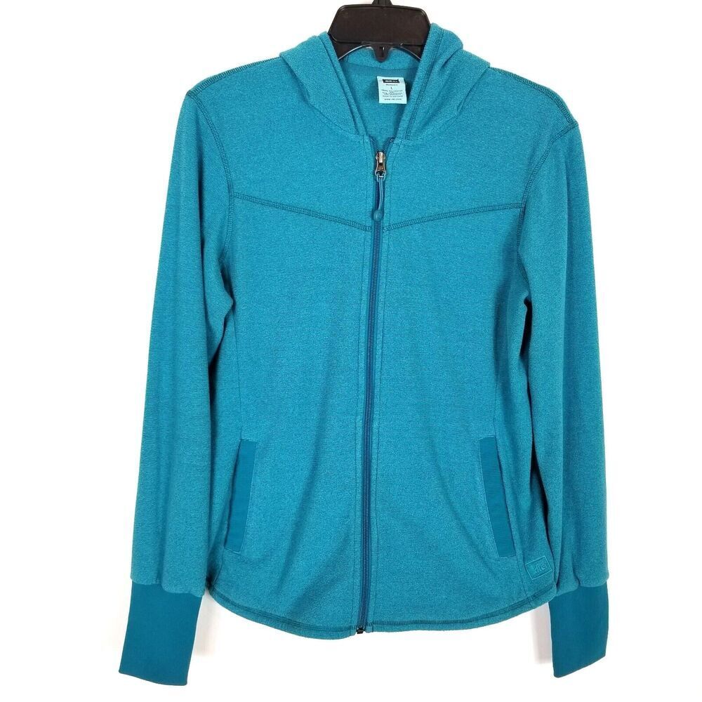 REI Women Striped Zip Up Hooded Jacket Sz L Knit Teal Blue Outdoor